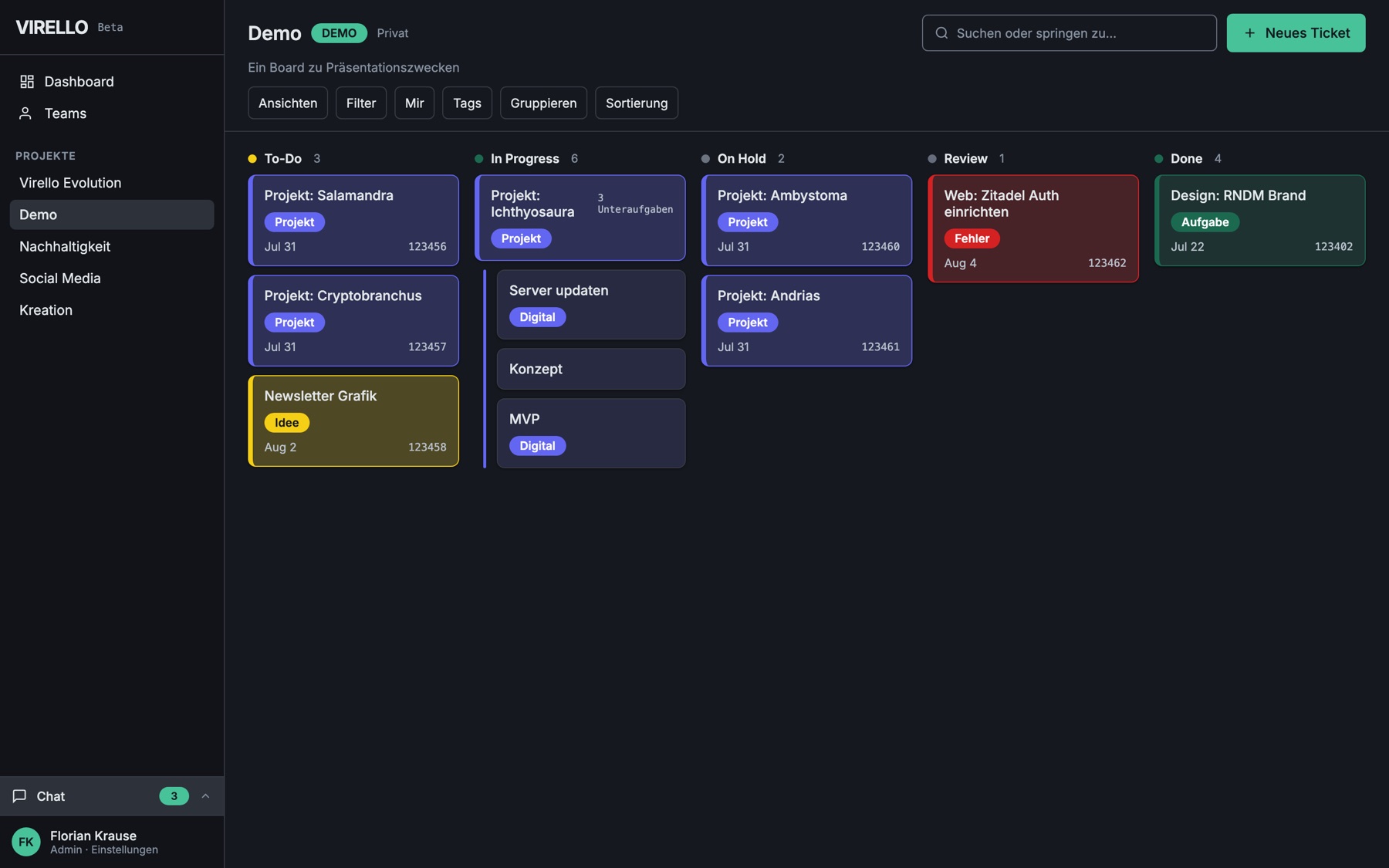 Entwurf der Virello-Oberfl&auml;che: Projektnavigation links mit Chat-Lasche unten, daneben ein Kanban-Board mit farbig markierten Tickets in f&uuml;nf Spalten.